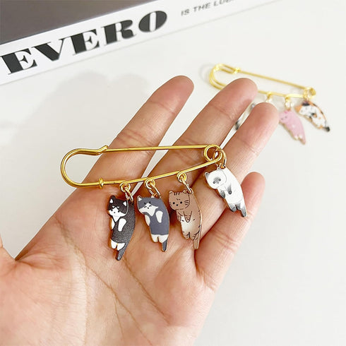 Lovely Cat Charms Gold-Tone Safety Pins - Calico, Ginger, Siamese Cat Dangle Accessory Brooch Pin for Cat Lover Gift...