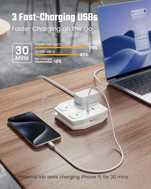 20W Travel Power Strip SUPERDANNY 3-Foot Wrap Up Extension Cord with 3 Outlets and 3 Fast Charging USBs, No Surge Protector Cruise Approved Portab...