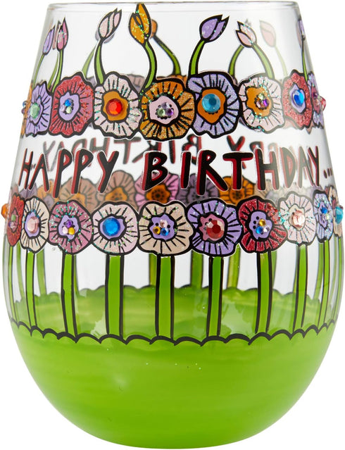 Enesco Designs by Lolita Birthday Flowers Hand-Painted Artisan Stemless Wine Glass, 1 Count (Pack of 1), Multicolor...