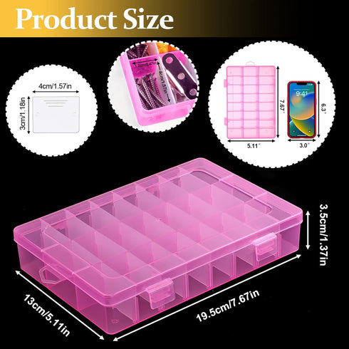 2 Pack 24 Grids Pink Plastic Organizer Box, Storage Container with Adjustable Divider, Craft Organizers and Storage Bead Storage Organizer Box for...