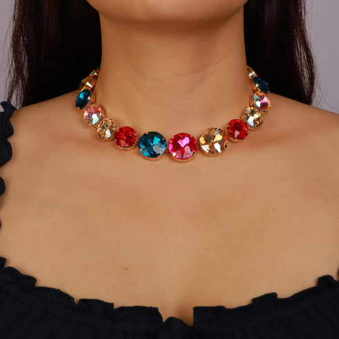 YERTTER Sparkle Full Rhinestone Choker Round Crystal Chain Necklace Earrings Set Crystal Statement Collar Clavicle Choker Necklace for Wedding Wom...