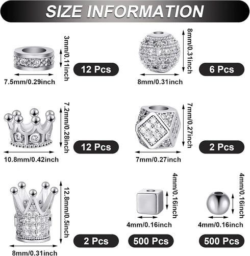 1034 Pieces King Crown Charm Rhinestone Bead Round Ball Zircon Bead Hexagon Big Hole Spacer Diamond Cutting Cube for DIY Chain Bracelet Jewelry Ma...