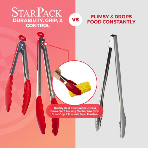 StarPack Premium Silicone Kitchen Tongs Set of 2 (9-Inch & 12-Inch) - Stainless Steel with Non-Stick Silicone Tips, High Heat Resistant to 480°F, ...