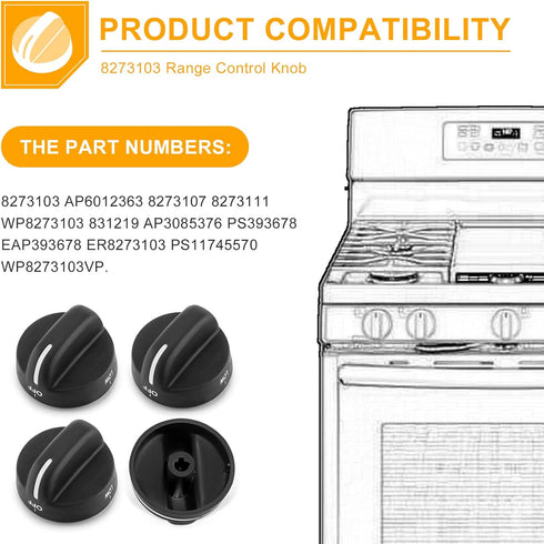 AMI PARTS 8273103 Gas Range Stove Knobs Fit for Whirlpool Stove Knobs Replacements AP6012363 8273107 8273111 ER8273103 (4-Pack,Black) for Whirlpoo...