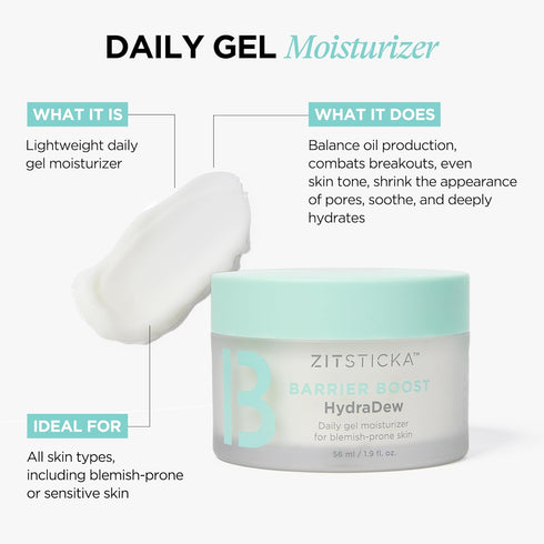 ZitSticka NEW HydraDew Gel Moisturizer for Face- 1.9 Fl Oz Hydrating Formula for Acne Prone, Dry, Oily & Sensitive Skin - Made w/Niacinamide, Hyal...