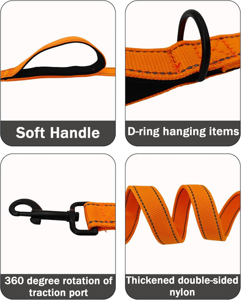 6FT Orange Strong Dog Leash with 2 Padded Handles, Traffic Handle Extra Control, Double-Sided Reflective Walking Lead for Small Medium and Large D...