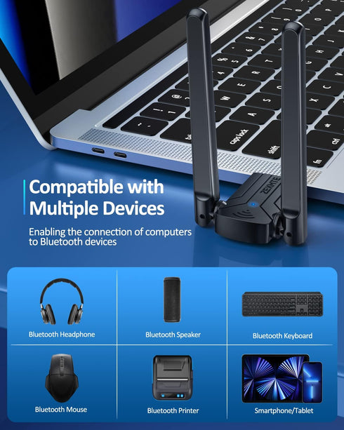 ZEXMTE USB Bluetooth Adapter for PC, Long Range Bluetooth USB Adapter for Windows 11/10, 492FT/150M Bluetooth Dongle 5.1 EDR, Plug & Play for Desk...