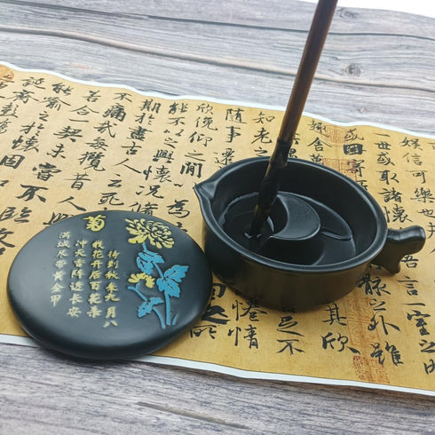 Multifunctional Chinese Calligraphy Handmade Porcelain Ink Well Dish Ceramic Inkslab Inkstone with Brush Holder for Beginners Paintings Writings D...