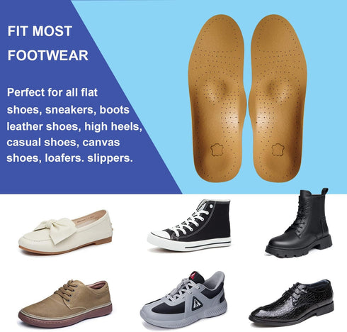 Thin Leather Insoles for Men Arch Support Insoles for Pain Relief Heel Spurs Plantar Fasciitis Orthotic Insoles for Men Thin Shoe Soles with Semi-...
