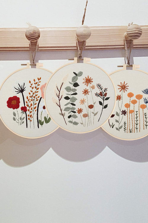 Uphome 3 Pack Embroidery Starter Kit for Beginners Stamped Cross Stitch Kits with Cute Flowers and Plants Patterns with 1 Embroidery Hoop and Colo...