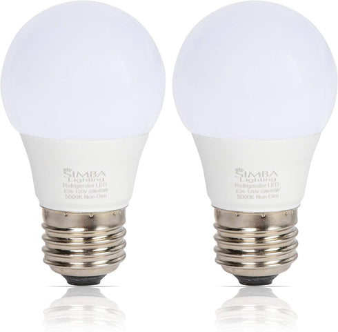 Simba Lighting LED A15 Refrigerator Light Bulbs (2-Pack) 5W 40W Replacement Waterproof Small for Appliances, Freezers, 120V, E26 Standard Medium B...