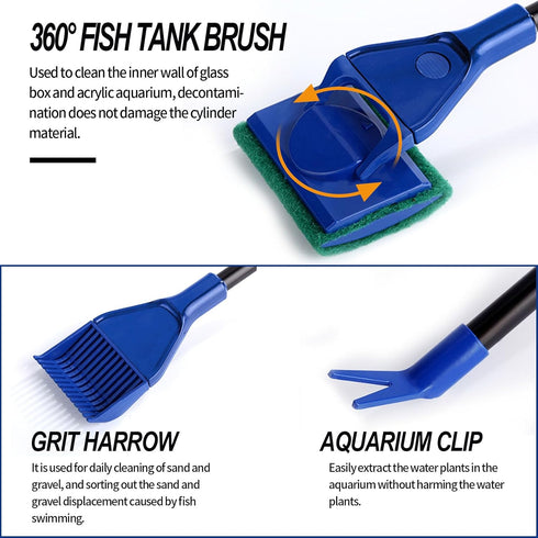 Fish Tank Cleaning Tools, 5 in 1 Cleaning Tool Kit, Aquarium Clean Set,Fish Net Gravel Rake Algae Scraper Fork Sponge Brush Glass Cleaner Tools Ki...