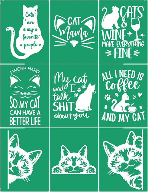 Silk Screen Stencils Self Adhesive Stencils Reusable Chalk Mesh Transfer Cat Mama Coffee Sign Cute Cat Stencils for Painting on Wood DIY T-Shirt P...