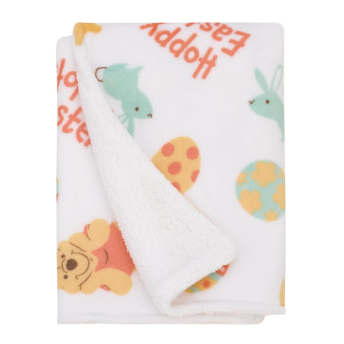 Disney Winnie The Pooh Aqua, Tan, Red, and White Hoppy Easter Super Soft Sherpa Baby Blanket...