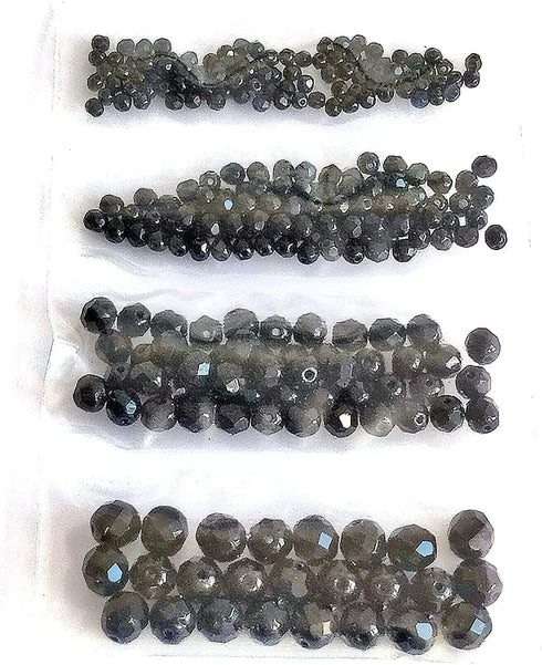 Set of Czech Glass Fire Polished Beads in Jet Black Color for Making Jewelry and Crafts - Different Sizes 3 mm, 4 mm, 6 mm, 8 mm. Total 275 Pieces...
