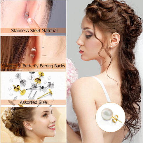 Hypoallergenic Earring Posts and Backs, Caffox 2000pcs Stud Earrings Making Kit with Ear Ring Base and Earring Backs for Leather Stud, Clay, Pearl...