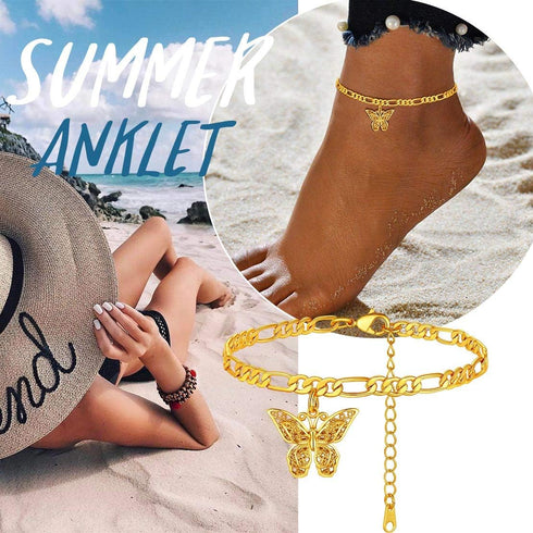 FindChic Butterfly Anklets for Women, 8.5'' to 10.5inch Dainty 18K Gold Plated Cute Charm Figaro Chain Ankle Bracelets Barefoot Jewelry...