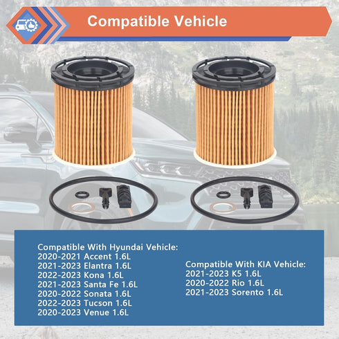 ZONFANT 2 Pcs Engine Oil Filter Compatible With Hyundai KIA Vehicle Accent Elantra Kona Santa Fe Tucson Venue 1.6L 2020-2023, Rio K5 Sorento 1.6L ...