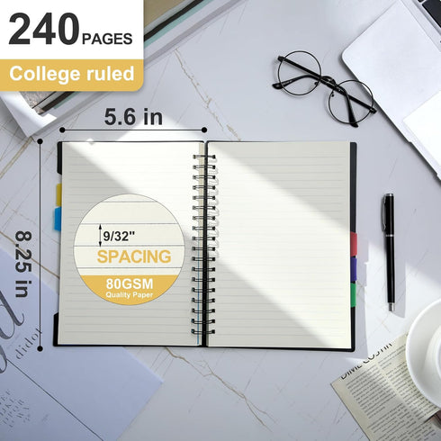 CAGIE 5 Subject Notebook for Work 240 Pages Spiral Notebooks College Ruled with Dividers Tabs A5 Small Note Book for School Office Supplies Note T...