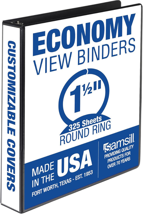 Samsill Economy 1.5 Inch 3 Ring Binder, Made in The USA, Round Ring Binder, Customizable Clear View Cover, Black, (18550)...