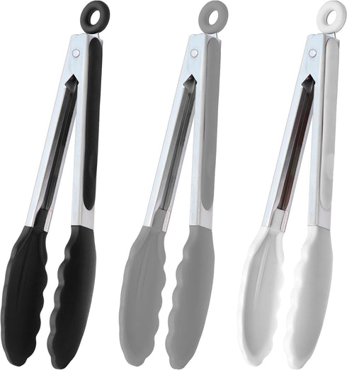 9-Inch Serving Tongs Silicone Tongs, Set of 3 (Black White Gray)...