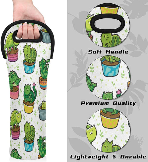 Cactus Cat Wine Bag Neoprene Wine Tote Bags Leakproof Travel Wine Tote with Handle Reusable Cooler Bag for Camping Picnic Travel Wine Lover Gift...