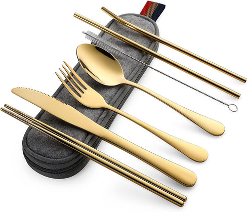 DEVICO Portable Utensils, Travel Camping Cutlery Set, 8-Piece including Knife Fork Spoon Chopsticks Cleaning Brush Straws Portable Case, Stainless...