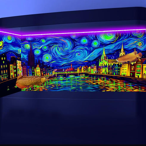 48X24IN Blacklight Vincent Van Gogh Black Light Aquarium Background, UV Fish Tank Background Art Oil Painting Terrarium Background with 10 EVA Dou...