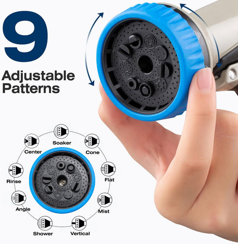 Garden Hose Nozzle - Heavy Duty Metal Water Hose Nozzle, High Pressure Water Nozzle with 8 Adjustable Spray Patterns for Watering Plants, Lawn, Wa...