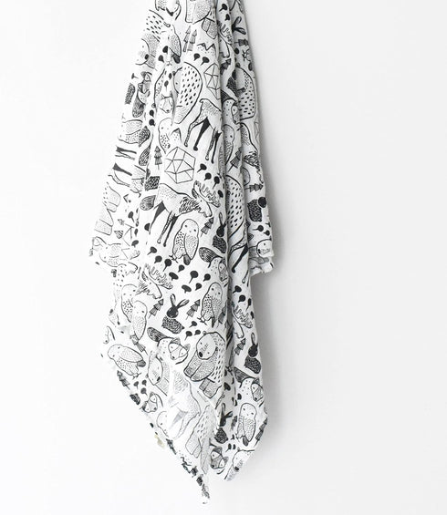 Wee Gallery, Organic Muslin Swaddle - Nordic - Woodland Animals Design, Black and White for Baby Visual Development, Quality Cotton Swaddling or R...