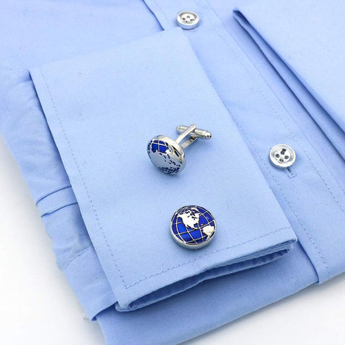 Men's Gift Cuff Links Blue World Map Design With Present Box...