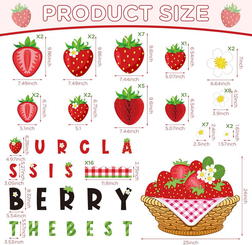 85 Pcs Fruit Bulletin Board Set Strawberry Classroom Decorations 3D Strawberry Honeycomb Balls Flower Berry Cutouts for Summer Holiday Back to Sch...