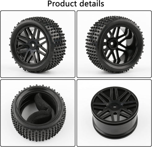 4 Pack RC Buggy Tires 12mm Hex Wheels and Tires 1/10 Off Road RC Buggy Wheels and Tires Tyres Set w/Lock Nuts and Wrench for Bandit VXL Tornado HS...
