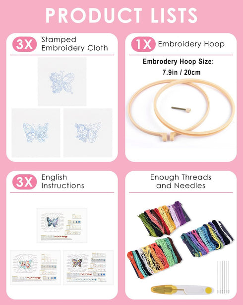TINDTOP 3 Sets Embroidery Stitch Practice kit, Butterfly Flower Embroidery Kit for Beginners Include Cloth Hoops Threads for Craft Lover Hand Stit...