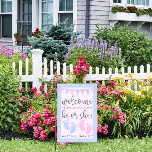 He or She Garden Flag 12x18" Double Sided Pink and Blue Flag Gender Reveal Yard Flag Boy or Girl Baby Footprint Welcome Banner Pregnancy Announcem...