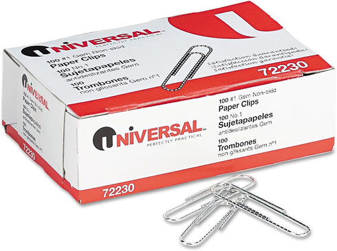 Universal Paper Clips, 1, Nonskid, Silver, 100 Clips/Box, 10 Boxes/Pack...