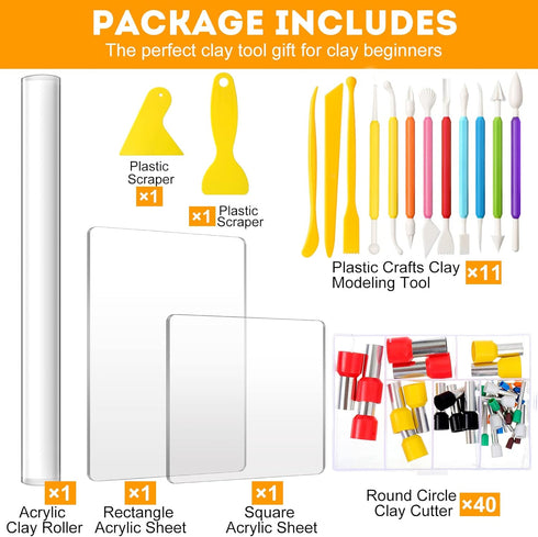 Honoson 57 Pcs Polymer Clay Cutters Tools Set Acrylic Clay Rolling Pin Roller Machine Acrylic Sheet Plastic Scraper Backing Board Stainless Steel ...