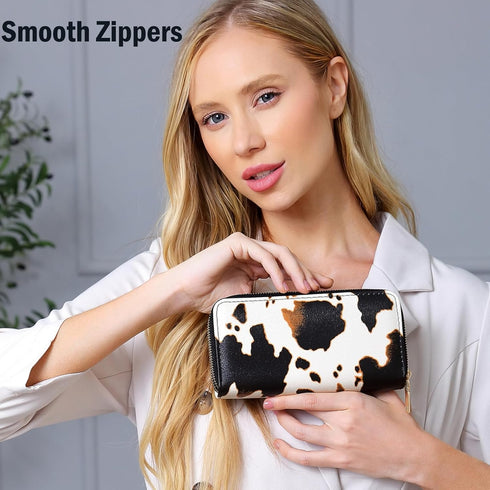 Cow Print Wallet for Women,Western Highland Cowhide Purse Zip Around Walles Cow Stuff Gifts for Ladies Brown...