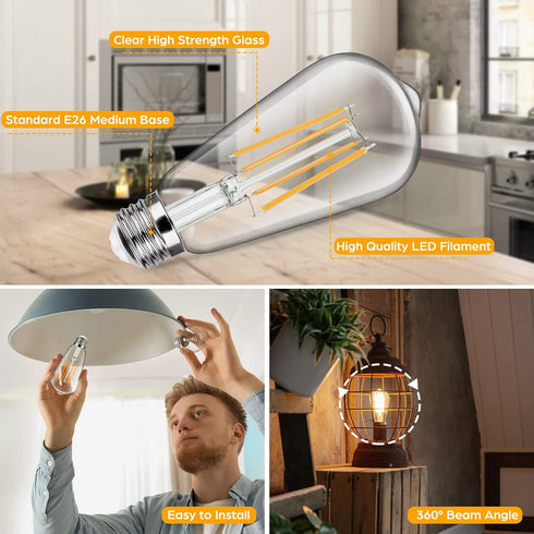 4-Pack Vintage LED Edison Bulbs 100W Equivalent 1400LM High Brightness 8W ST58 LED Filament Light Bulbs 3000K Warm White E26 Medium Base CRI90+ An...