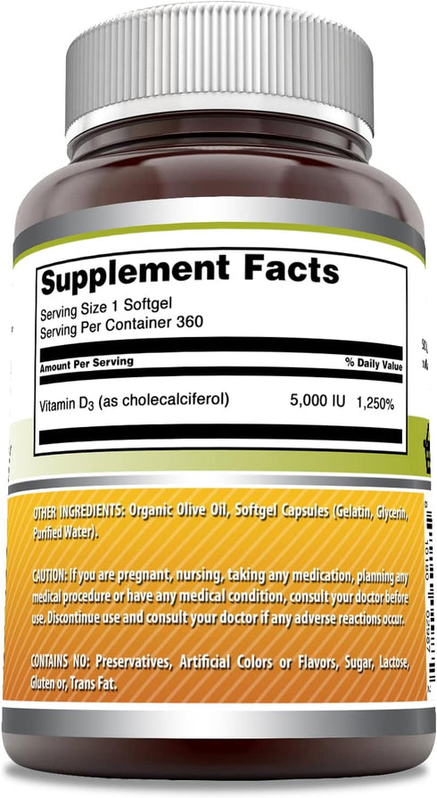 Amazing Formulas? Vitamin D3 in Olive Oil? Supplement | 5000 ?IU Per Serving | 360 Softgels | Non-GMO | Gluten Free | Made in USA...
