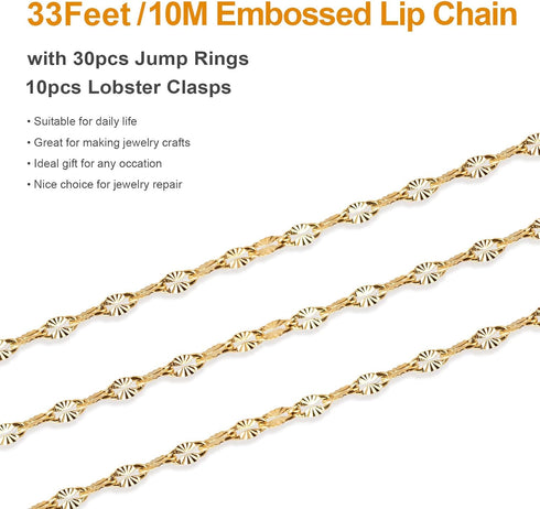 Kyutong 32.8 Feet Gold Plated Stainless Steel Chain for Jewelry Making Thin Embossed Lip Chain Link Necklace Making Supplies with Lobster Clasps J...