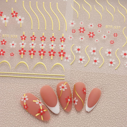 JMEOWIO 9 Sheets Flower Nail Art Stickers Decals Self-Adhesive Pegatinas Uñas Spring Summer Floral Line Nail Supplies Nail Art Design Decoration A...