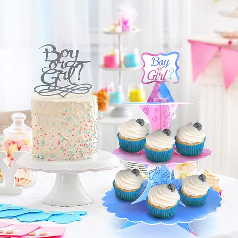 Gender Reveal Cupcake Stand Gender Reveal Party Favors Blue and Pink 3 Tier Cardboard Cake Stand for Girl Boy Party Decorations...