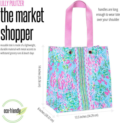 Lilly Pulitzer Pink/Blue Market Shopper Bag, Reusable Grocery Tote with Comfortable Shoulder Straps, Best Fishes...