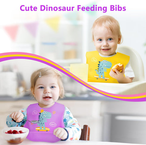 NPET 3PCS Silicone Baby Bibs for Babies & Toddlers, Waterproof Baby Bibs for Eating BPA Free Toddler Bibs 1-3 Years Soft Adjustable Fit Cute Dinos...