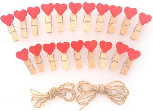 LWR CRAFTS Red Heart Wooden Mini Clothespins 20 Pieces and Jute Cord 8ft...