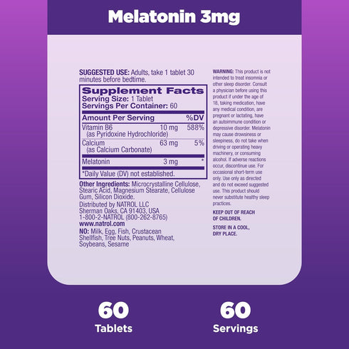 Natrol Melatonin 3 mg, Dietary Supplement for Restful Sleep, Sleep Supplements for Adults, 60 Melatonin Tablets, 60 Day Supply...