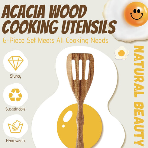Acacia Wood Spoons for Cooking - 6 Piece Non Stick Wooden Spoon Set - with Slotted Spoon, Salad Fork, Spatula, Pasta Server-Natural Wood Kitchen U...