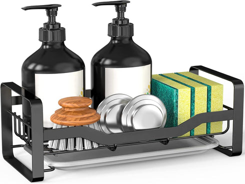 Kitchen Sink Caddy Sponge Holder,Sponge Holder for Kitchen Sink,Kitchen Sink Organizer for Soap Brush Dispenser,Countertop Sink Caddy Organizer wi...