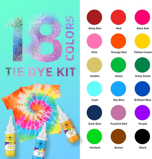 HTVRONT Tie Dye Kit for Kids and Adults - 18 Colors 80ML Pre-Filled Bottles Permanent Non-Toxic Tye Dye Kits for Clothing T-Shirt Fabric Textile C...